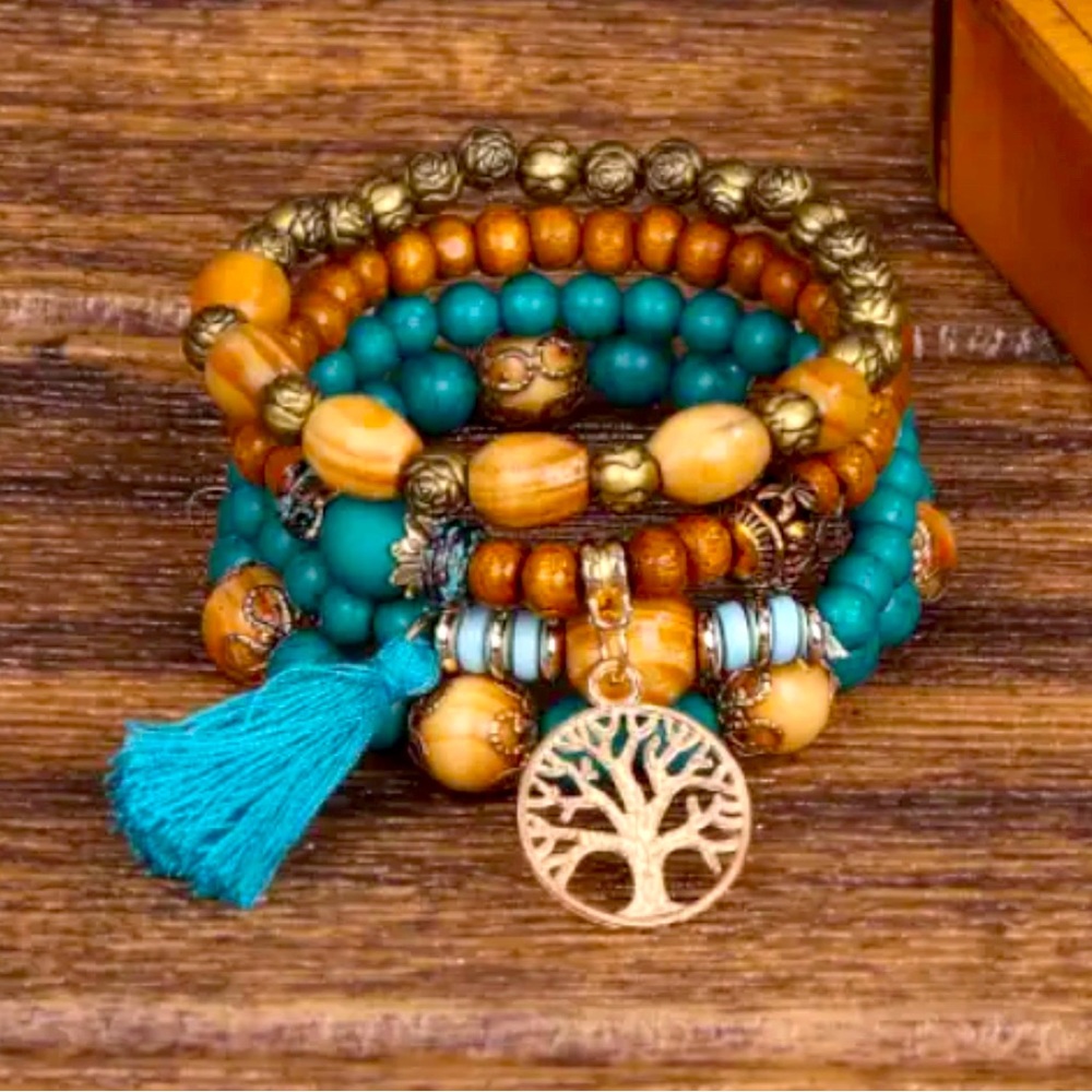 New Blue Multi Beaded Bracelets Tassels Surf Beach Hippie BOHO Charms 4PCS - Picture 1 of 5
